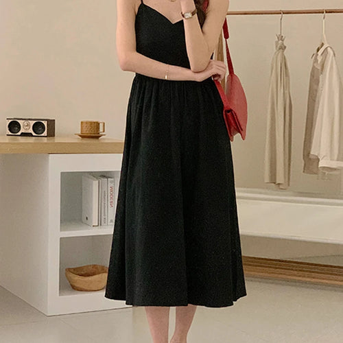 Load image into Gallery viewer, Summer Black Spaghetti Strap Women&#39;s Dresses French Style Backless Ruffles Sleeveless V-neck Solid Color Female Dresses
