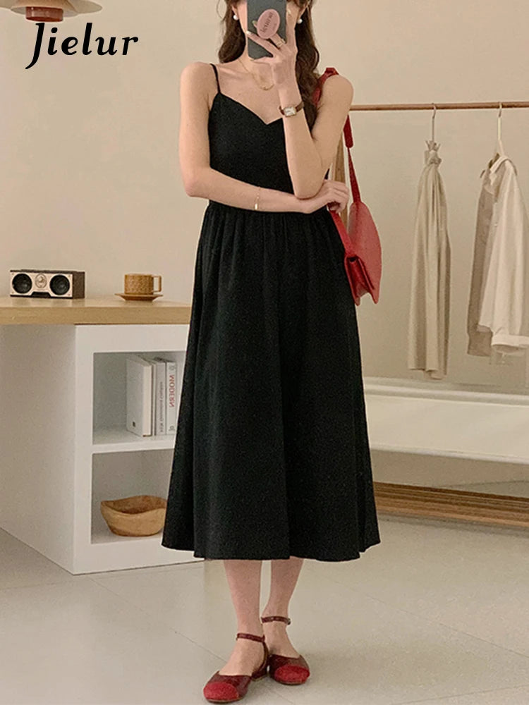 Summer Black Spaghetti Strap Women's Dresses French Style Backless Ruffles Sleeveless V-neck Solid Color Female Dresses