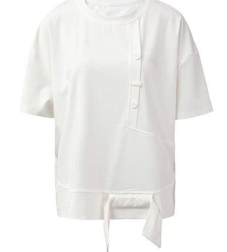 Women White Irregular Spliced Big Size Casual T-shirt New Round Neck Short Sleeve Fashion Tide Spring Summer 2025 1DH5360