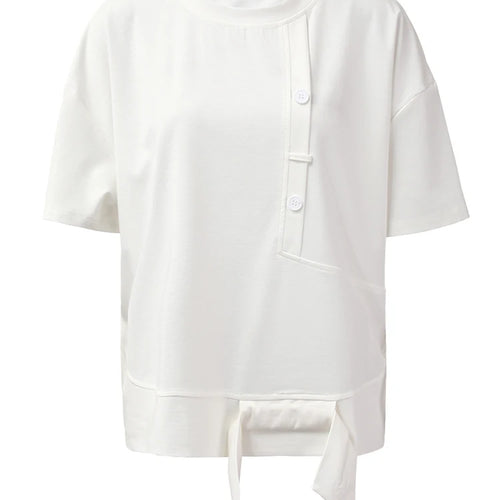 Load image into Gallery viewer, Women White Irregular Spliced Big Size Casual T-shirt New Round Neck Short Sleeve Fashion Tide Spring Summer 2025 1DH5360
