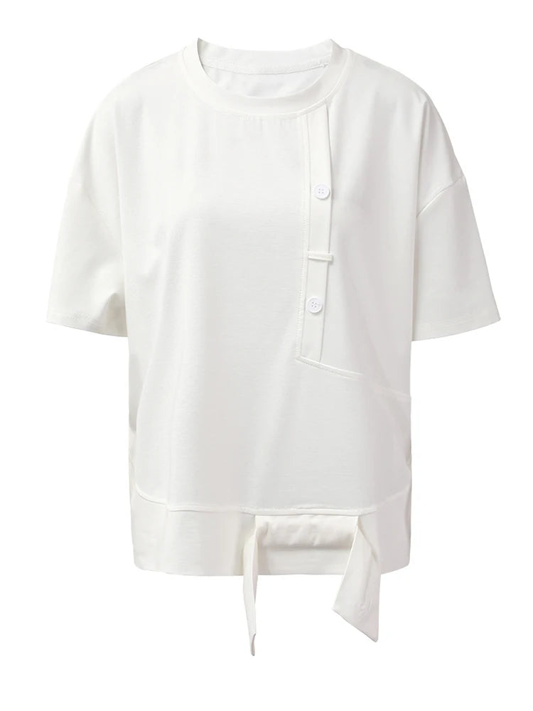 Women White Irregular Spliced Big Size Casual T-shirt New Round Neck Short Sleeve Fashion Tide Spring Summer 2025 1DH5360