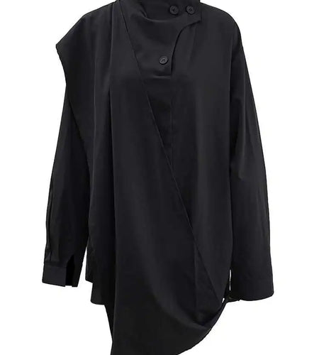 Women Black Irregular Spliced Big Size Blouse New Stand Collar Long Sleeve Shirt Fashion Tide Spring Autumn 2025 CPG1573