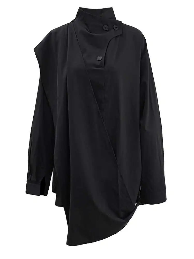 Women Black Irregular Spliced Big Size Blouse New Stand Collar Long Sleeve Shirt Fashion Tide Spring Autumn 2025 CPG1573