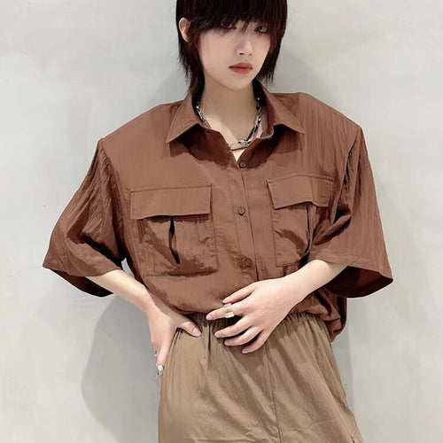 Load image into Gallery viewer, Solid Casual Blouses For Women Lapel Half Sleeve Patchwork Pockets Vintage Summer Shirts Female Fashion Clothing
