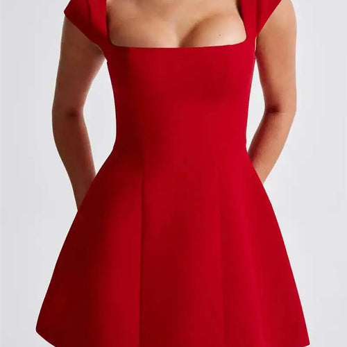 Load image into Gallery viewer, Square Collar Short Sleeve Mini Dress For Women Robe New Fashion Solid A-line Loose High Waist Short Dress Elegant
