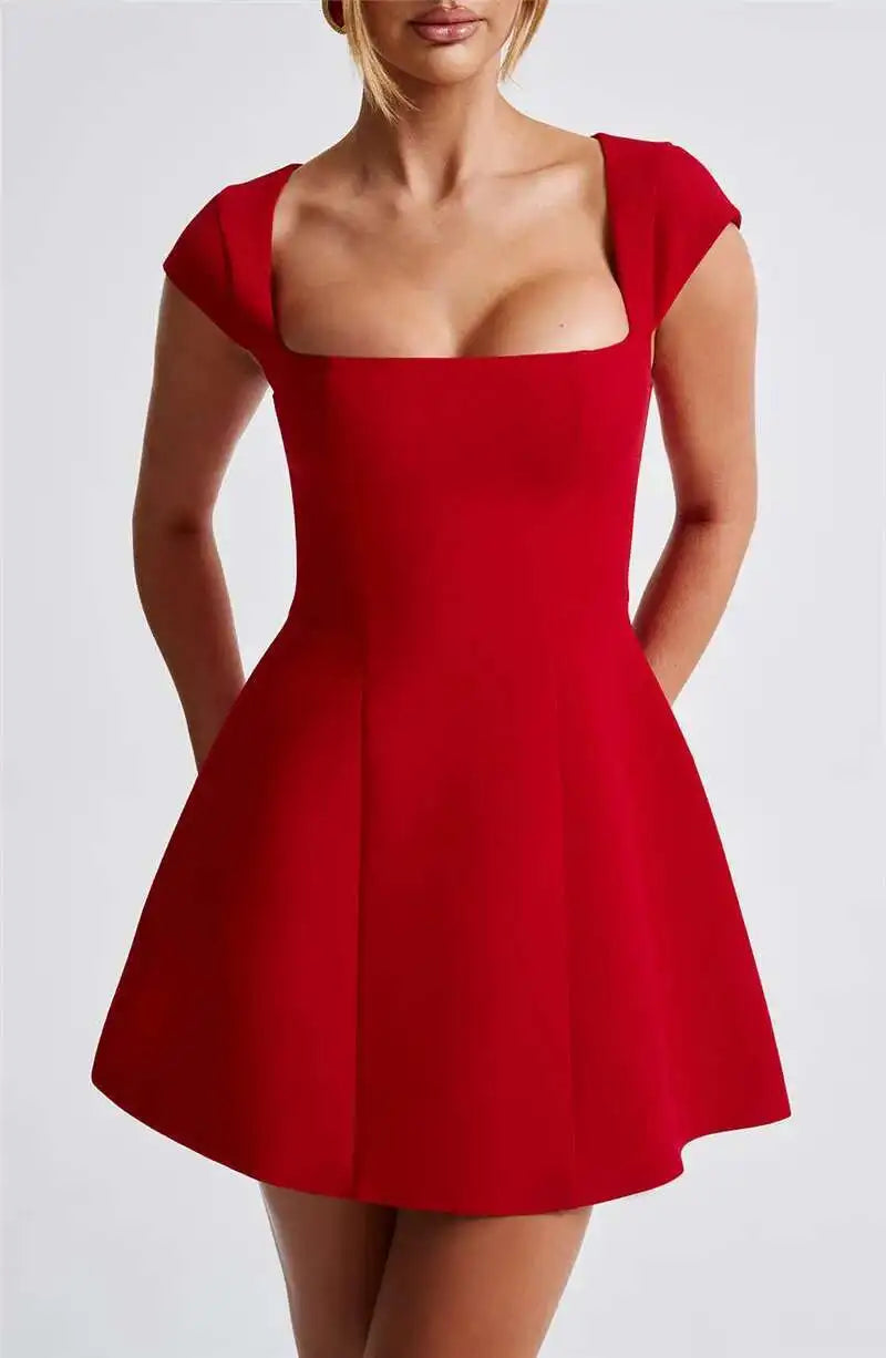 Square Collar Short Sleeve Mini Dress For Women Robe New Fashion Solid A-line Loose High Waist Short Dress Elegant