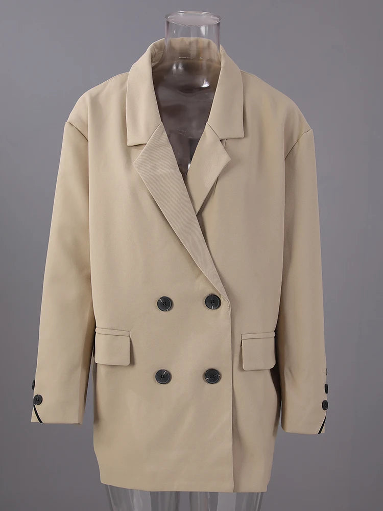 Women Khaki Double Breasted Big Size Elegant Blazer New Lapel Long Sleeve Jacket Fashion Tide Spring Autumn 2025 1DH6252