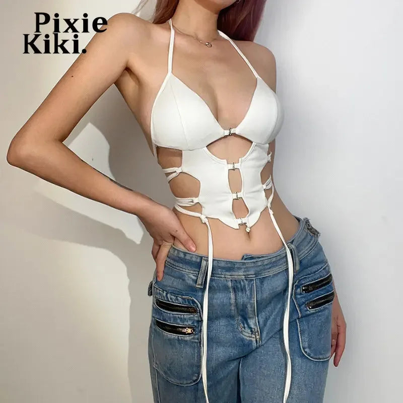 Sexy Cut Out Crop Tops Women Lace Up Backless Halter Tops Summer 2023 Trendy Streetwear Tanks and Camis P94-BG10