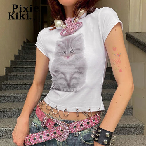 Load image into Gallery viewer, Animal Printed White Graphic Tees Street Wear Going Out Tops Y2k Fashion T Shirt Women 2024 Summer Clothing P85-BH13
