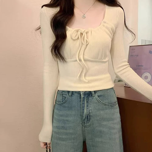 Load image into Gallery viewer, y2k Tops Women Clothes Solid Color Drawstring Chest Long Sleeve Ribbed T Shirts 2000s Aesthetic Clothing Streetwear
