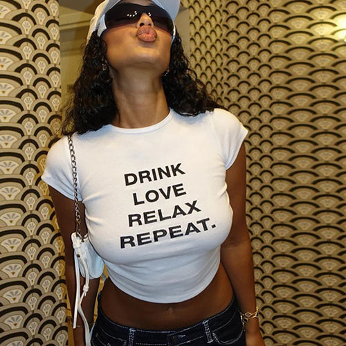 Load image into Gallery viewer, Classic Fashion Woman T-Shirt Belly Button Letter Print Pleats Unique Design Regular Casual Summer Fit Streets Mini Top
