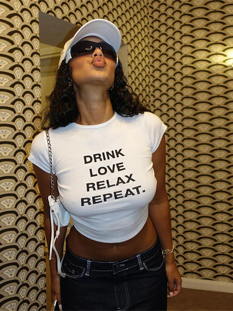 Classic Fashion Woman T-Shirt Belly Button Letter Print Pleats Unique Design Regular Casual Summer Fit Streets Mini Top