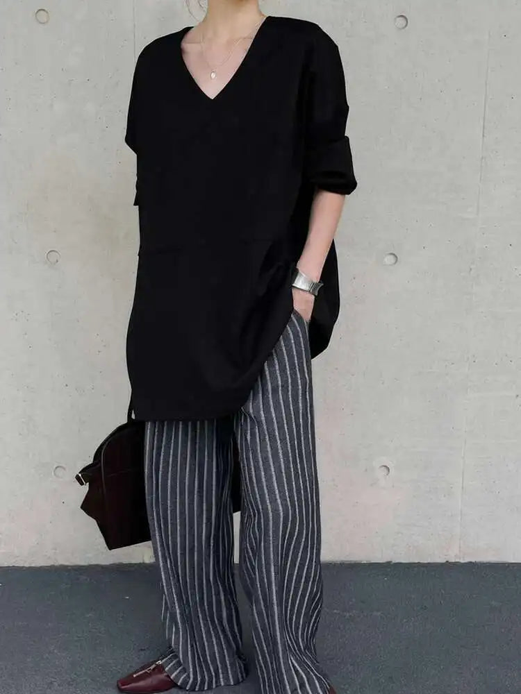 Women Gray Double Pocket Big Size Elegant Mini Dress New V--Neck Long Sleeve Fashion Tide Spring Autumn 2025 1DH7310