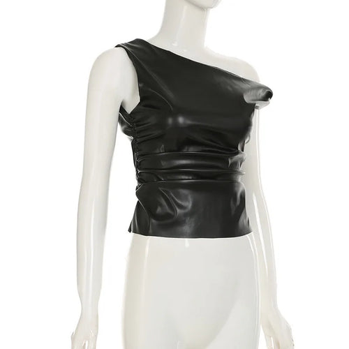 Load image into Gallery viewer, Ruched PU Leather Sexy Tank Tops For Women Fashion Oblique Shoulder Sleeveless Backless Skinny Crop Tops Elegant
