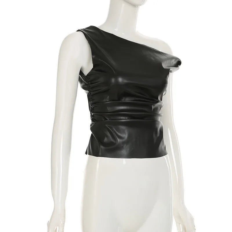 Ruched PU Leather Sexy Tank Tops For Women Fashion Oblique Shoulder Sleeveless Backless Skinny Crop Tops Elegant