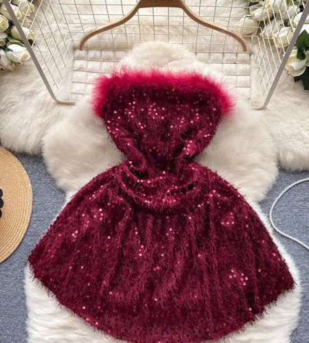 Black Sequin Plush Slim Mini Dress Women Christmas New Year Party Luxury Celebrity Evening Strapless Dress Sexy Club Red Dresses