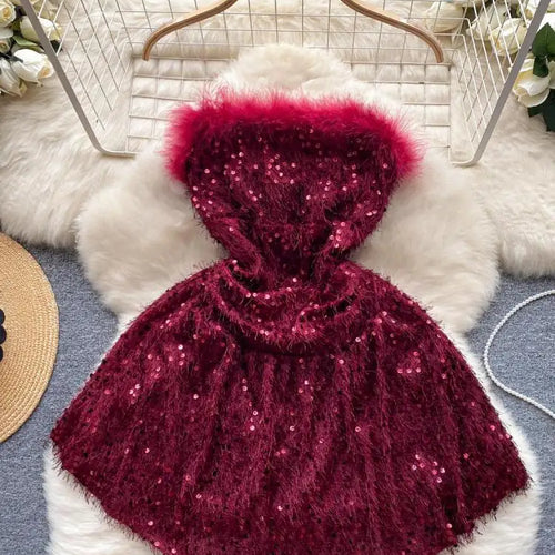 Load image into Gallery viewer, Black Sequin Plush Slim Mini Dress Women Christmas New Year Party Luxury Celebrity Evening Strapless Dress Sexy Club Red Dresses
