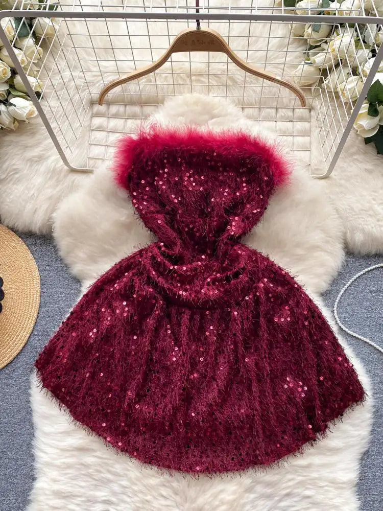 Black Sequin Plush Slim Mini Dress Women Christmas New Year Party Luxury Celebrity Evening Strapless Dress Sexy Club Red Dresses