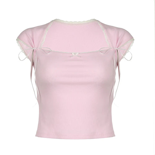 Load image into Gallery viewer, Korean Style Lace Trim Pink Women T-shirts Bodycon Square Neck Bow Cropped Top Cute Coquette Baby Tees Girls Clothing
