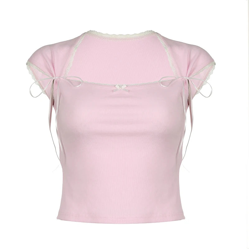 Korean Style Lace Trim Pink Women T-shirts Bodycon Square Neck Bow Cropped Top Cute Coquette Baby Tees Girls Clothing