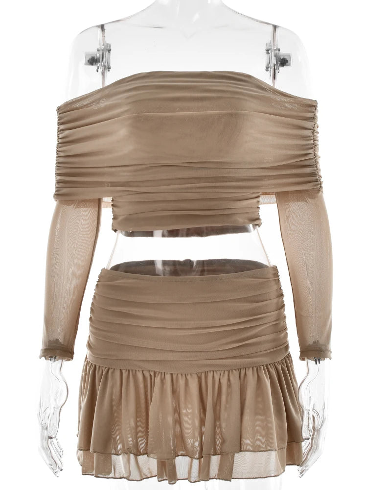 Elegant Off Shoulder Tight Long Sleeve Top Skirt Two Piece Set Women Sexy Bareback Slim Elastic Party Beach Vacation Set