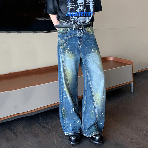 Load image into Gallery viewer, Niche Design Men&#39;s Denim Pants Worn-out Splash-ink Patchwork Straight Trousers Wide Leg Loose Male Jeans Autumn Tide 9C6864
