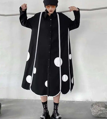 Women Black Dot Printed Long Big Size Shirt Dress New Lapel Long Sleeve Loose Fit Fashion Tide Spring Autumn 2025 1DF1508