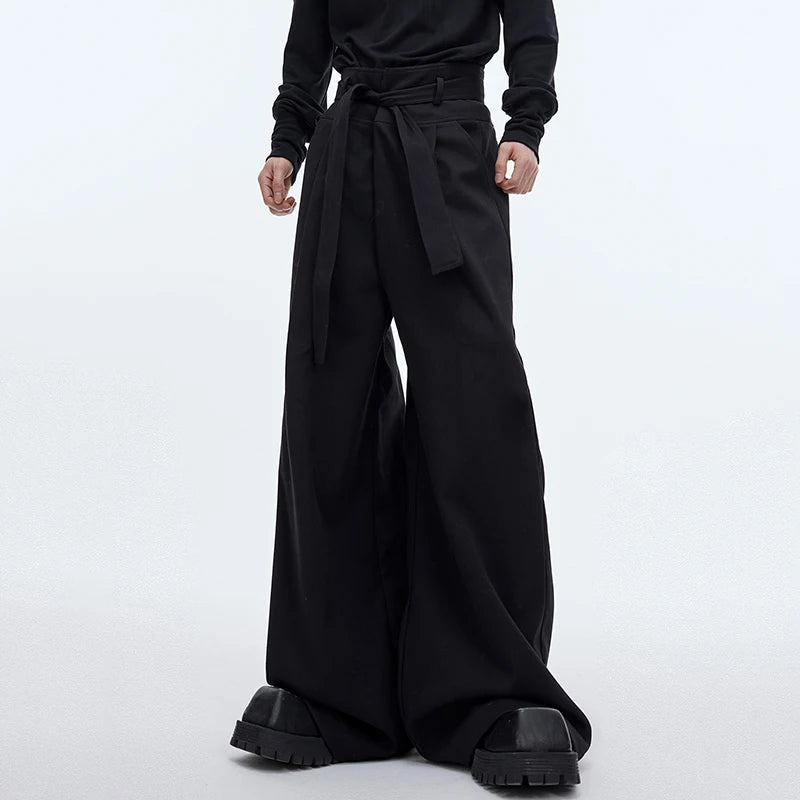 High Waist Lace-up Male Causal Suit Pants Niche Design Solid Color Men's Wide Leg Trousers Personality New Spring 9C4012