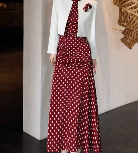 Spliced wave point two piece sets for women O neck long sleeves short jacket sleeveless dress elegant set female new