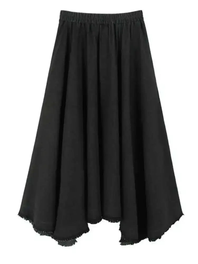 High Elastic Waist Black Denim Irregular Burr Denim Long Half-body Skirt Women Fashion Tide New Spring Autumn 2025 1DH8220