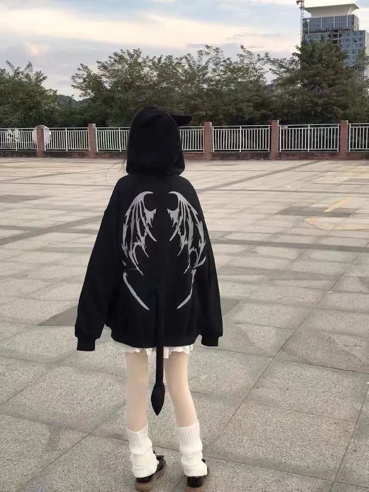 Harajuku Hoodie Women Y2k Gothic Punk Devil Hoodie Casula Kawaii Hip Hop Zipper Sweatshirt Female Jacket Fashion