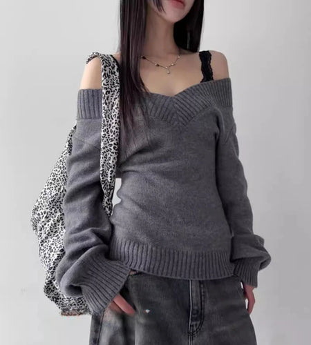 Y2k Aesthetic Two Pieces Set Women Harajuku Casual Loose Pullover Sweater + Fairy Lace Patchwork Vest Top Outfits 2025 Spring