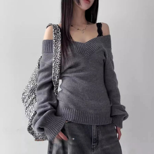 Load image into Gallery viewer, Y2k Aesthetic Two Pieces Set Women Harajuku Casual Loose Pullover Sweater + Fairy Lace Patchwork Vest Top Outfits 2025 Spring
