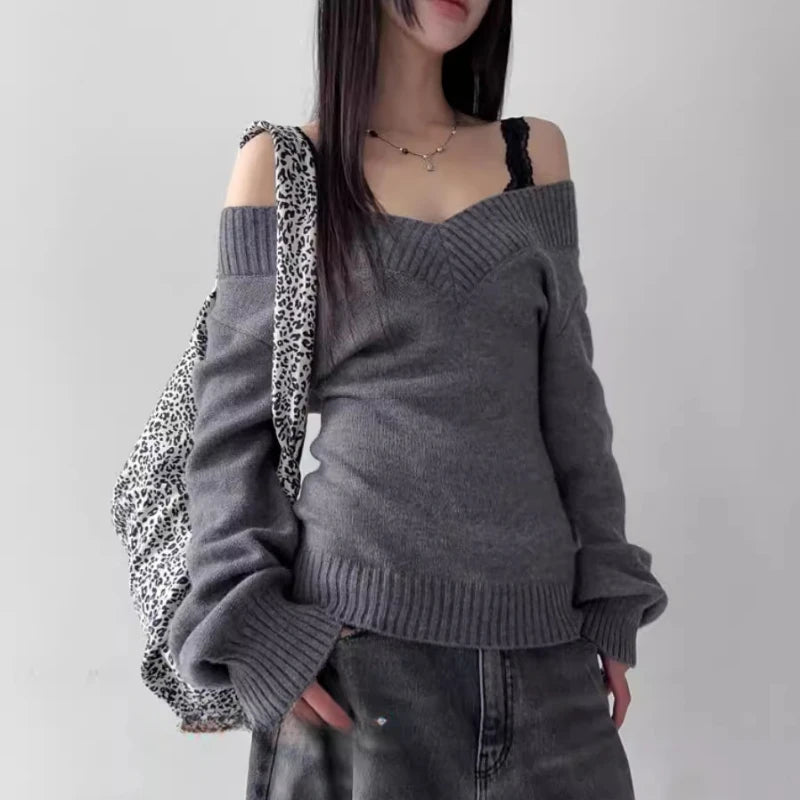 Y2k Aesthetic Two Pieces Set Women Harajuku Casual Loose Pullover Sweater + Fairy Lace Patchwork Vest Top Outfits 2025 Spring