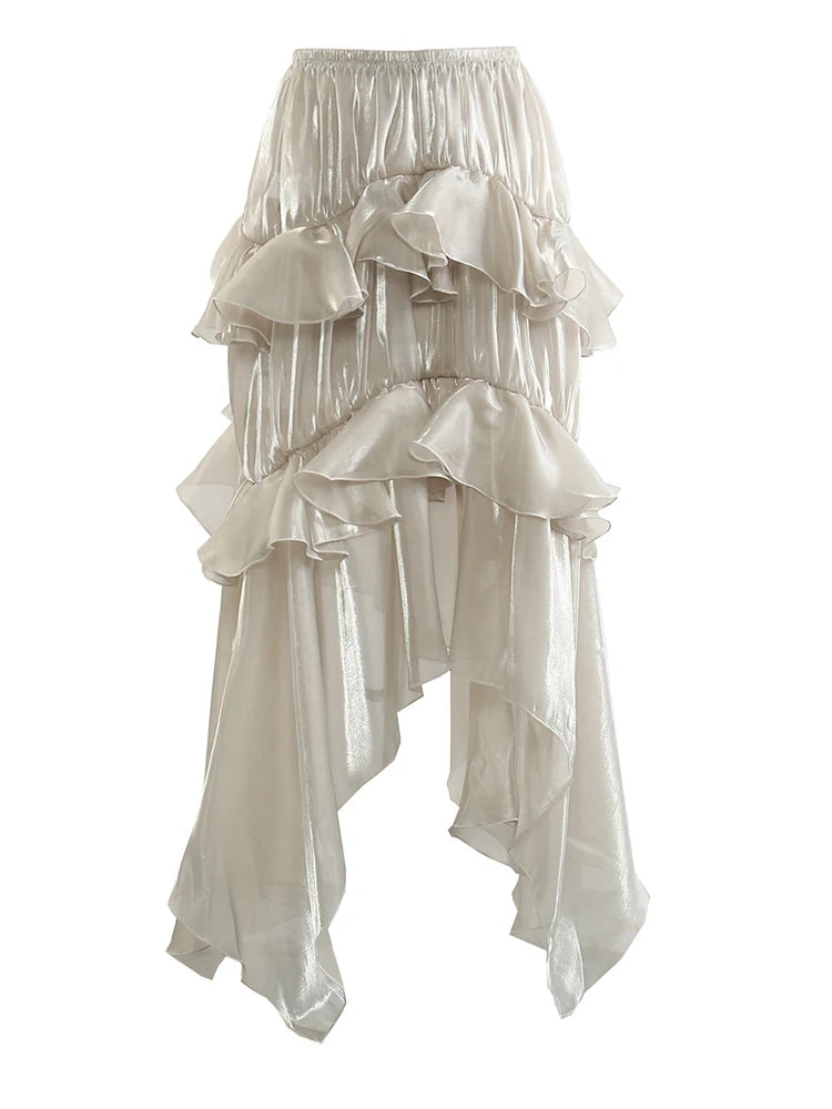 High Elastic Waist Champagne Glossy Ruffles Irregular Half-body Skirt Women Fashion Tide New Spring Autumn 2025 1DJ0349
