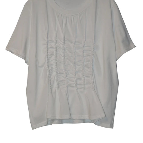 Load image into Gallery viewer, Women Black White Pleated Big Size Casual T-shirt New Round Neck Short Sleeve Fashion Tide Spring Summer 2025 1DJ1611
