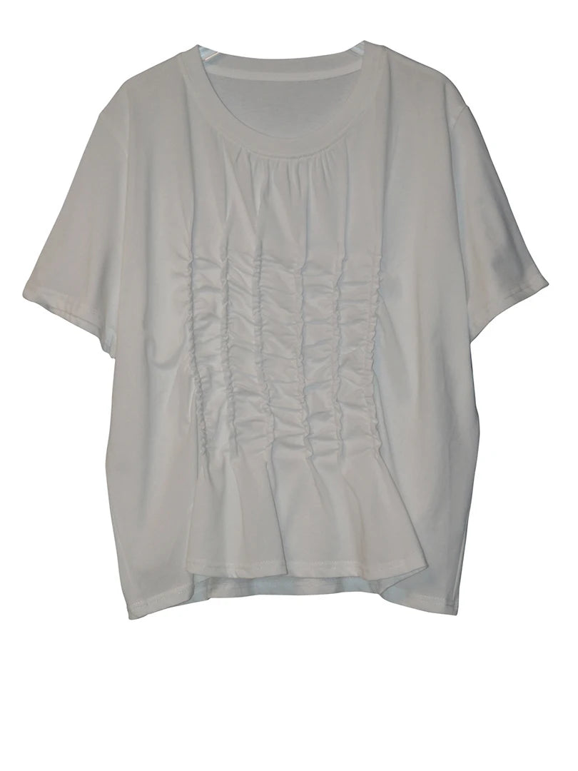 Women Black White Pleated Big Size Casual T-shirt New Round Neck Short Sleeve Fashion Tide Spring Summer 2025 1DJ1611