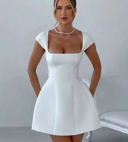 Square Collar Short Sleeve Mini Dress For Women Robe New Fashion Solid A-line Loose High Waist Short Dress Elegant