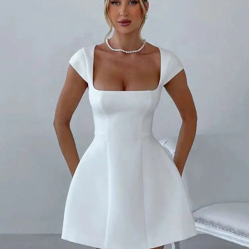 Load image into Gallery viewer, Square Collar Short Sleeve Mini Dress For Women Robe New Fashion Solid A-line Loose High Waist Short Dress Elegant
