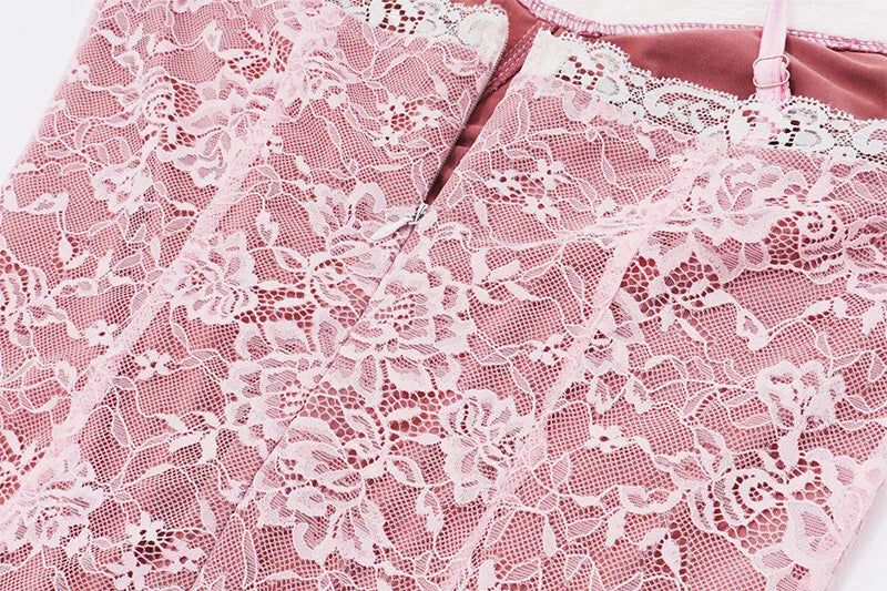 Lace Flare Long Sleeve Sexy Mini Dress For Women Robe Autumn New Pink O Neck A-line High Waist Pleated Dress Elegant