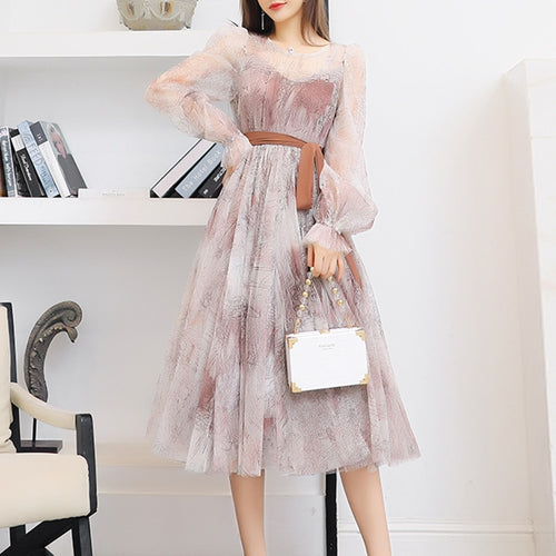 Load image into Gallery viewer, Patchwork Lace Up Dresses For Women Round Neck Long Sleeve High Waist Folds Summer Dress Female Fashion Style
