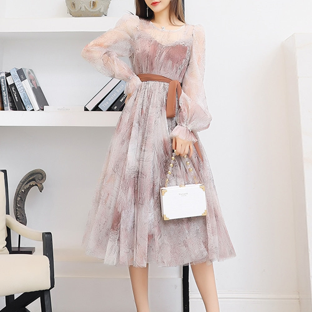 Patchwork Lace Up Dresses For Women Round Neck Long Sleeve High Waist Folds Summer Dress Female Fashion Style