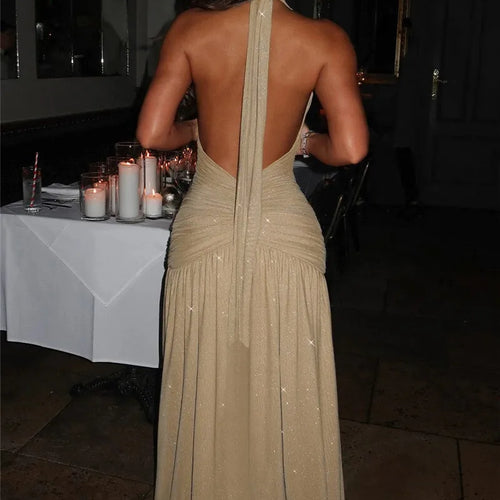 Load image into Gallery viewer, Glitter Deep V Neck Sexy Maxi Dress For Women 2025 Fashion Sparkle Halter Sleeveless Backless Split Club Long Dress
