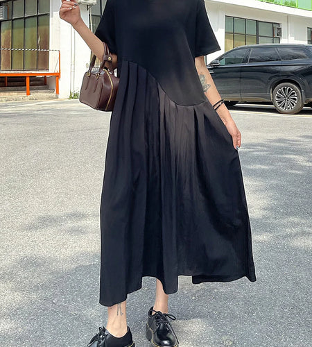 Women Black Irregular Pleated Big Size Midi Dress New Round Neck Short Sleeve Fashion Tide Spring Summer 2025 1DJ0851