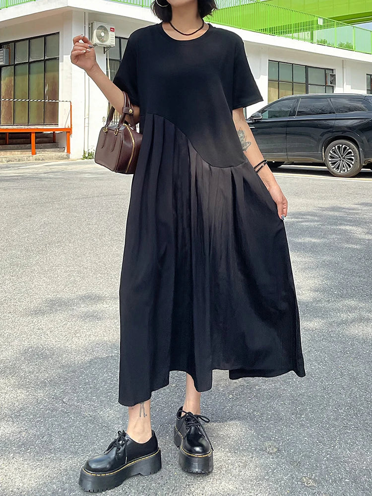 Women Black Irregular Pleated Big Size Midi Dress New Round Neck Short Sleeve Fashion Tide Spring Summer 2025 1DJ0851