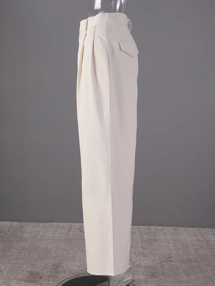 High Waist Beige Brief Pocket Pleated Long Wide Leg Pants New Trousers Women Fashion Tide Spring Autumn 2025 26D5510