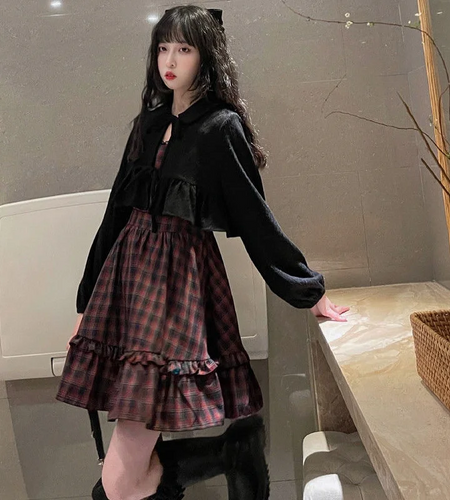 Plaid Dress Sets Women Outfits Black Lace Up Long Sleeve Cardigan Teen Girls Ruffles Sweet High Waist Sleeveless Dresse