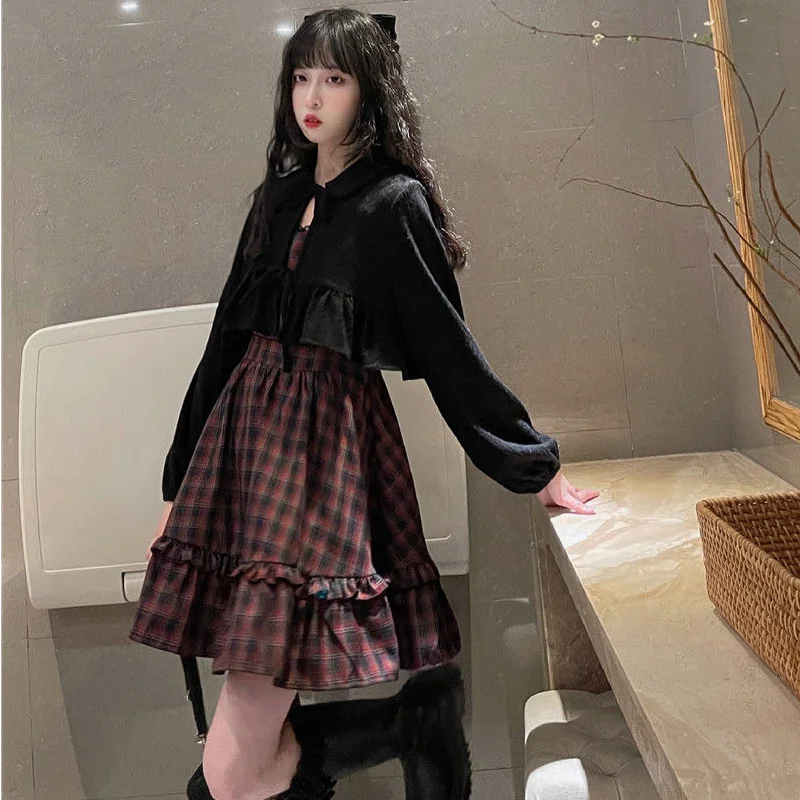 Plaid Dress Sets Women Outfits Black Lace Up Long Sleeve Cardigan Teen Girls Ruffles Sweet High Waist Sleeveless Dresse