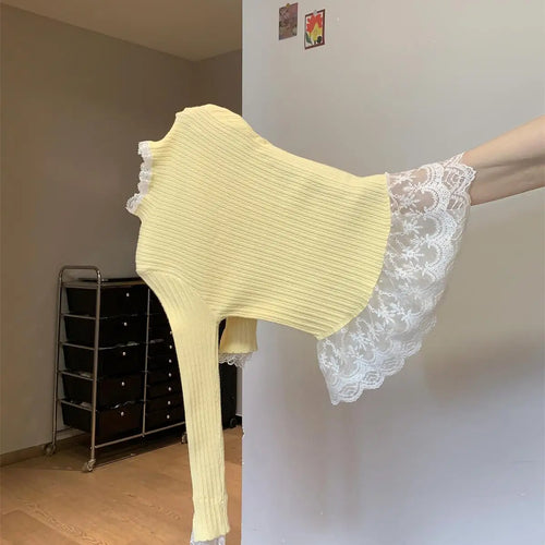 Load image into Gallery viewer, Retro Korean Version Women Sweet Solid Patchwork Lace Elegant Knitted Half High Neck Sweater Autumn Winter Slim Pullovers Tops
