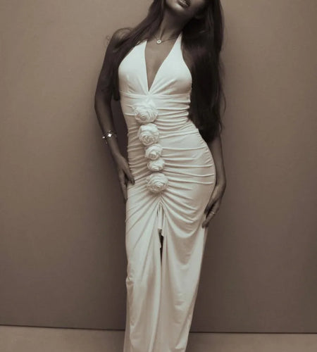 Elegant Sleeveless Slit Bodycon Flower Party Club Evening Dress Women Sexy Deep V Maxi Female Vestido Temperament Dress